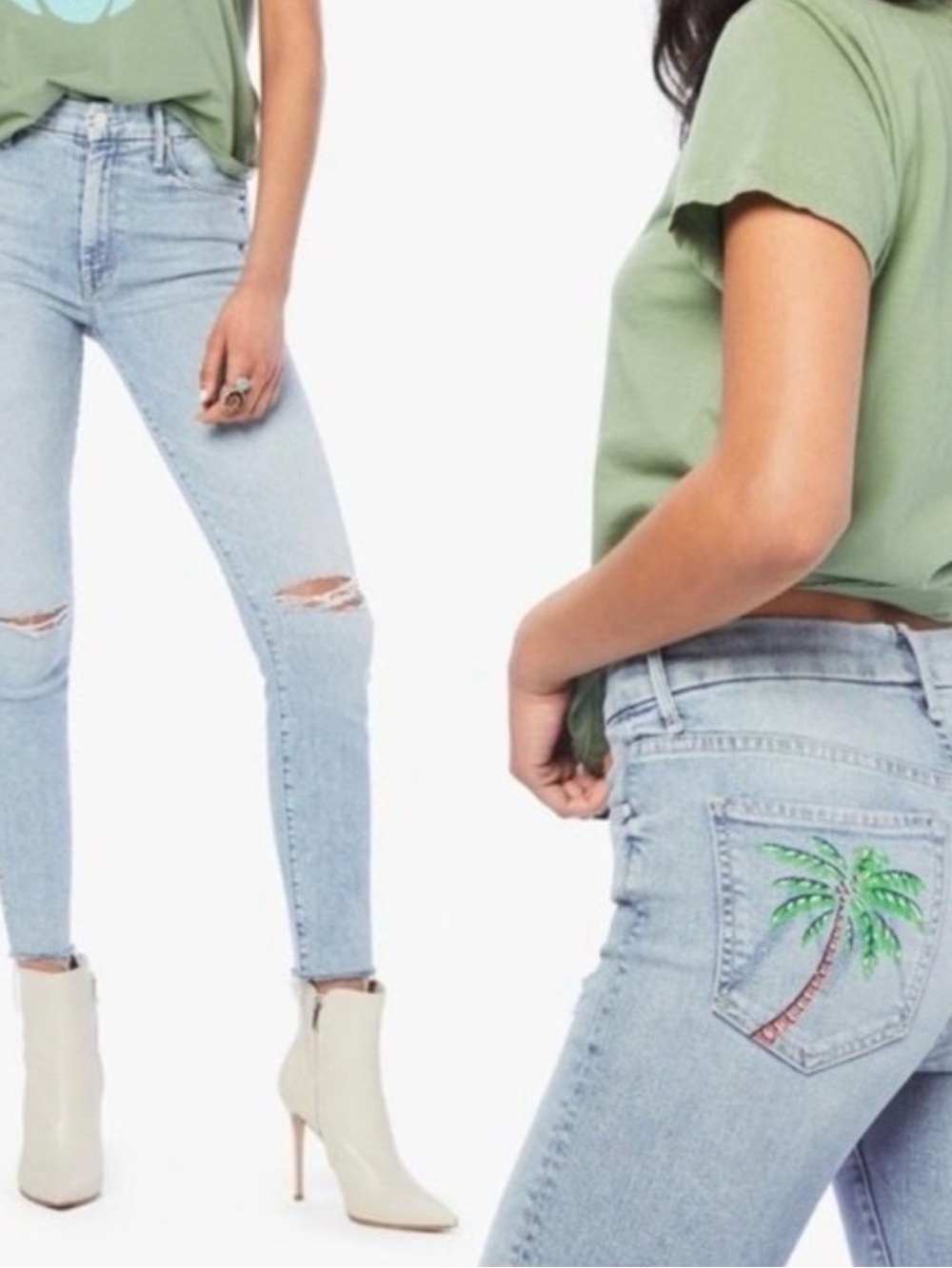 MOTHER the looker- Light Blue High-Rise Skinny Jeans with Palm Embroidery